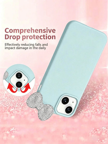 Premium Pure Blue-Grey Phone Case 2-Piece Set (Phone Case + Bow Tie)| Exquisite Blue-Grey Sparkling Diamond Bow Tie Detachable Phone Case Suitable For IPhone 17/17 Pro/17 Pro Max/17 Pro Max/Plus, S20