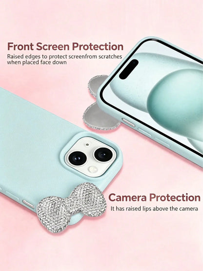Premium Pure Blue-Grey Phone Case 2-Piece Set (Phone Case + Bow Tie)| Exquisite Blue-Grey Sparkling Diamond Bow Tie Detachable Phone Case Suitable For IPhone 17/17 Pro/17 Pro Max/17 Pro Max/Plus, S20
