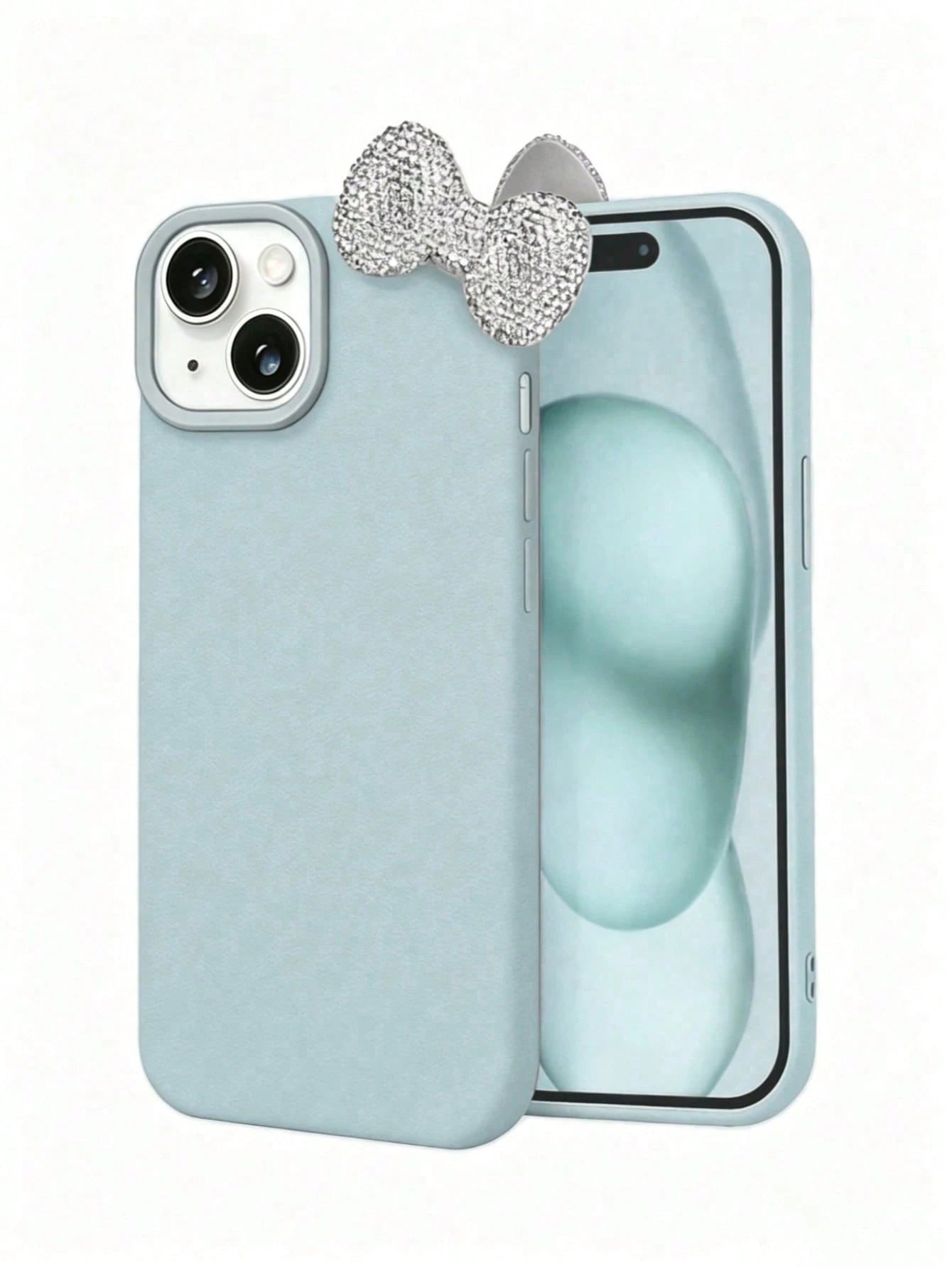 Premium Pure Blue-Grey Phone Case 2-Piece Set (Phone Case + Bow Tie)| Exquisite Blue-Grey Sparkling Diamond Bow Tie Detachable Phone Case Suitable For IPhone 17/17 Pro/17 Pro Max/17 Pro Max/Plus, S20