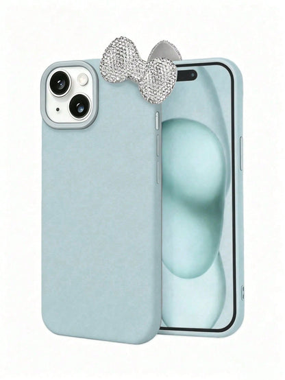 Premium Pure Blue-Grey Phone Case 2-Piece Set (Phone Case + Bow Tie)| Exquisite Blue-Grey Sparkling Diamond Bow Tie Detachable Phone Case Suitable For IPhone 17/17 Pro/17 Pro Max/17 Pro Max/Plus, S20