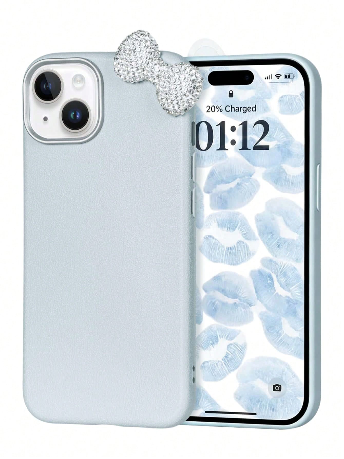 Premium Pure Blue-Grey Phone Case 2-Piece Set (Phone Case + Bow Tie)| Exquisite Blue-Grey Sparkling Diamond Bow Tie Detachable Phone Case Suitable For IPhone 17/17 Pro/17 Pro Max/17 Pro Max/Plus, S20