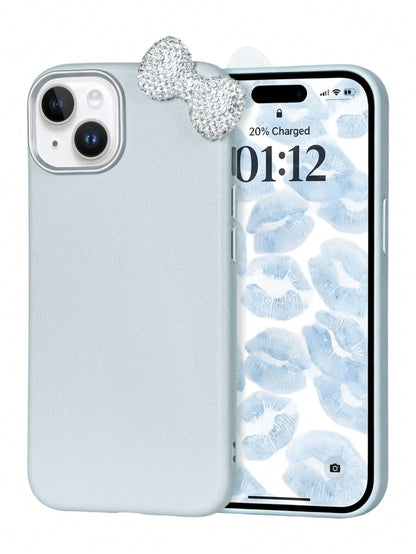 Premium Pure Blue-Grey Phone Case 2-Piece Set (Phone Case + Bow Tie)| Exquisite Blue-Grey Sparkling Diamond Bow Tie Detachable Phone Case Suitable For IPhone 17/17 Pro/17 Pro Max/17 Pro Max/Plus, S20