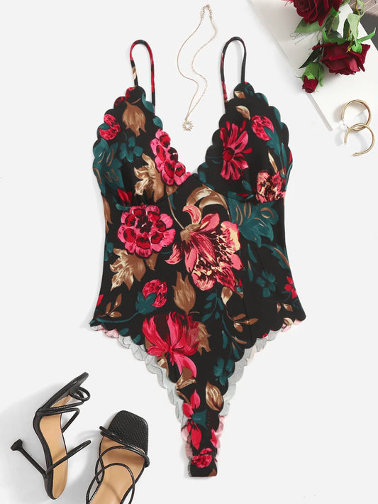 Privé Allover Floral Print Scallop Trim Cami Bodysuit