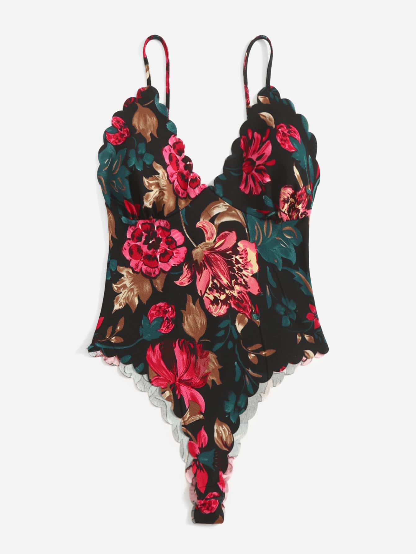 Privé Allover Floral Print Scallop Trim Cami Bodysuit