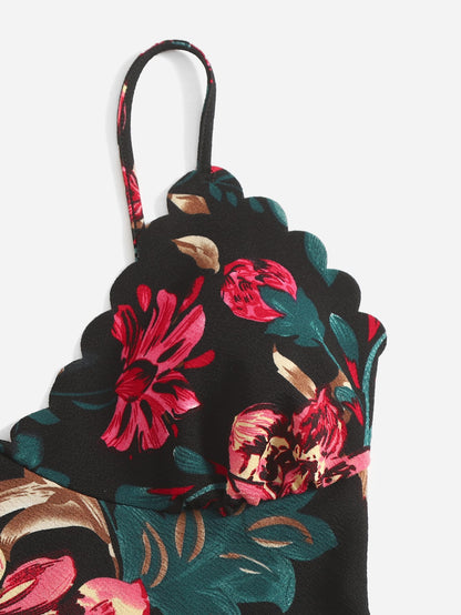 Privé Allover Floral Print Scallop Trim Cami Bodysuit