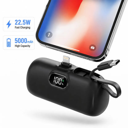 Purse-Friendly Black 5000mAh Mini Charger With Lightning Plug, USB-C Cable And 22.5W Fast Charging, Featuring An LED Battery Readout, Lightweight Rounded Body And Wrist Strap For Cable-Free Packing, M