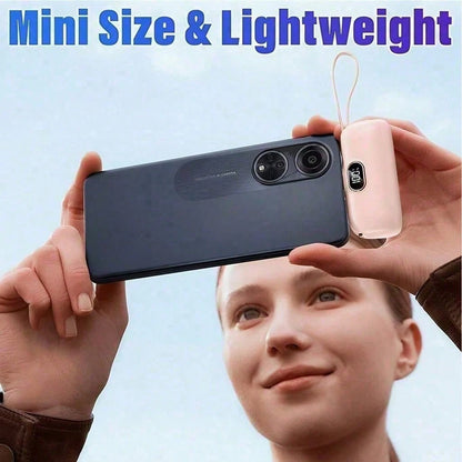Purse-Friendly Black 5000mAh Mini Charger With Lightning Plug, USB-C Cable And 22.5W Fast Charging, Featuring An LED Battery Readout, Lightweight Rounded Body And Wrist Strap For Cable-Free Packing, M