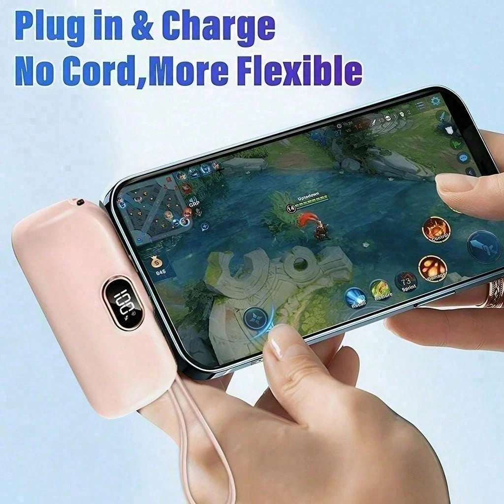 Purse-Friendly Black 5000mAh Mini Charger With Lightning Plug, USB-C Cable And 22.5W Fast Charging, Featuring An LED Battery Readout, Lightweight Rounded Body And Wrist Strap For Cable-Free Packing, M