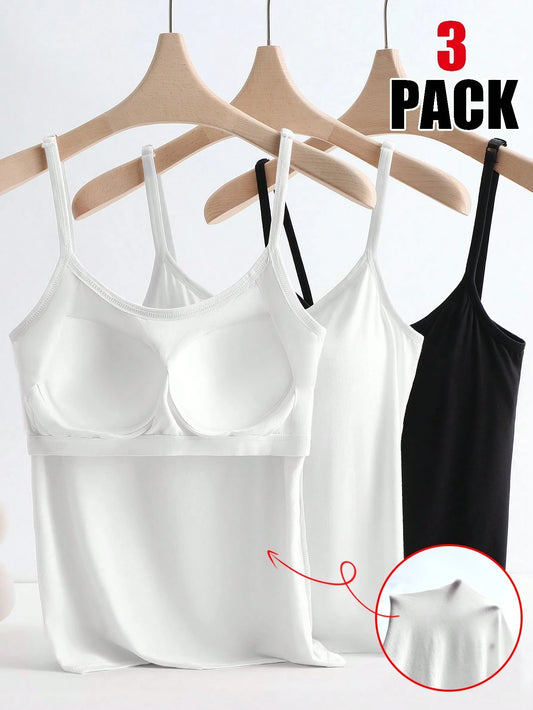 Qadelle 3pcs/Set Anti-Flashing Cami Tank Top With Built-In Padded, Comfortable