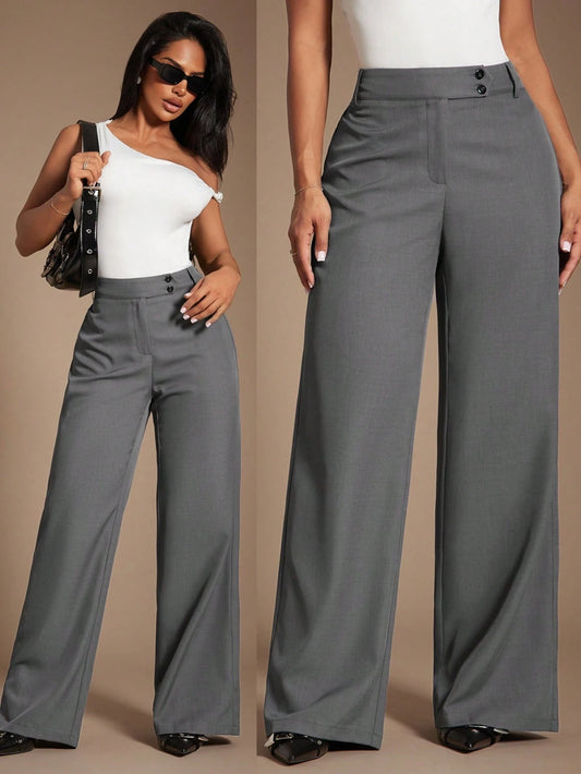Radiana Women's Gray Woven Fabric Extra Long Straight Leg Pants For A Chic And Polished Look Office Work Summer Business Casual Elegant