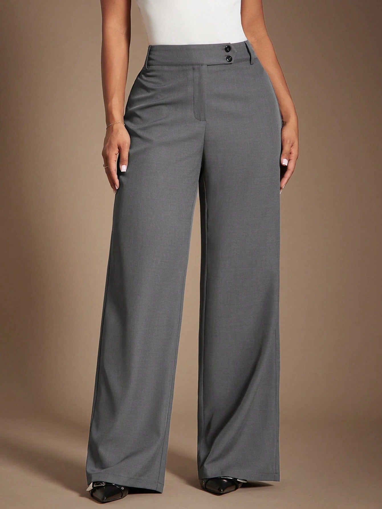 Radiana Women's Gray Woven Fabric Extra Long Straight Leg Pants For A Chic And Polished Look Office Work Summer Business Casual Elegant