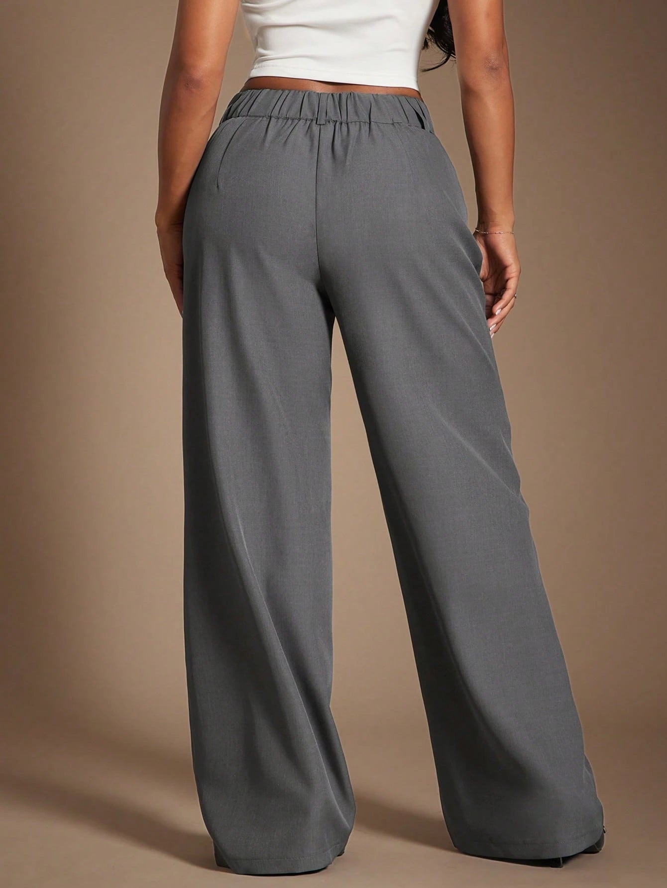 Radiana Women's Gray Woven Fabric Extra Long Straight Leg Pants For A Chic And Polished Look Office Work Summer Business Casual Elegant