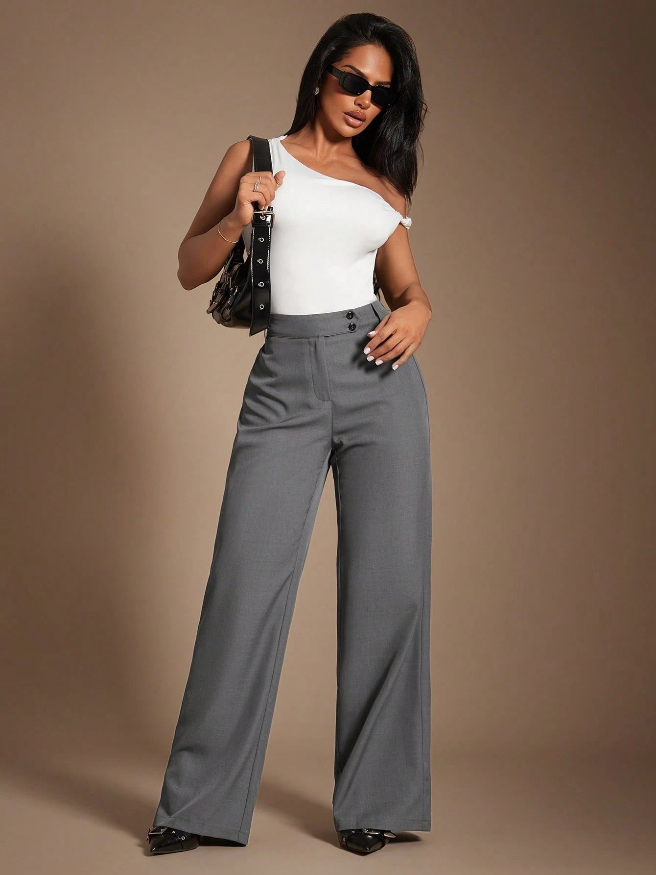 Radiana Women's Gray Woven Fabric Extra Long Straight Leg Pants For A Chic And Polished Look Office Work Summer Business Casual Elegant