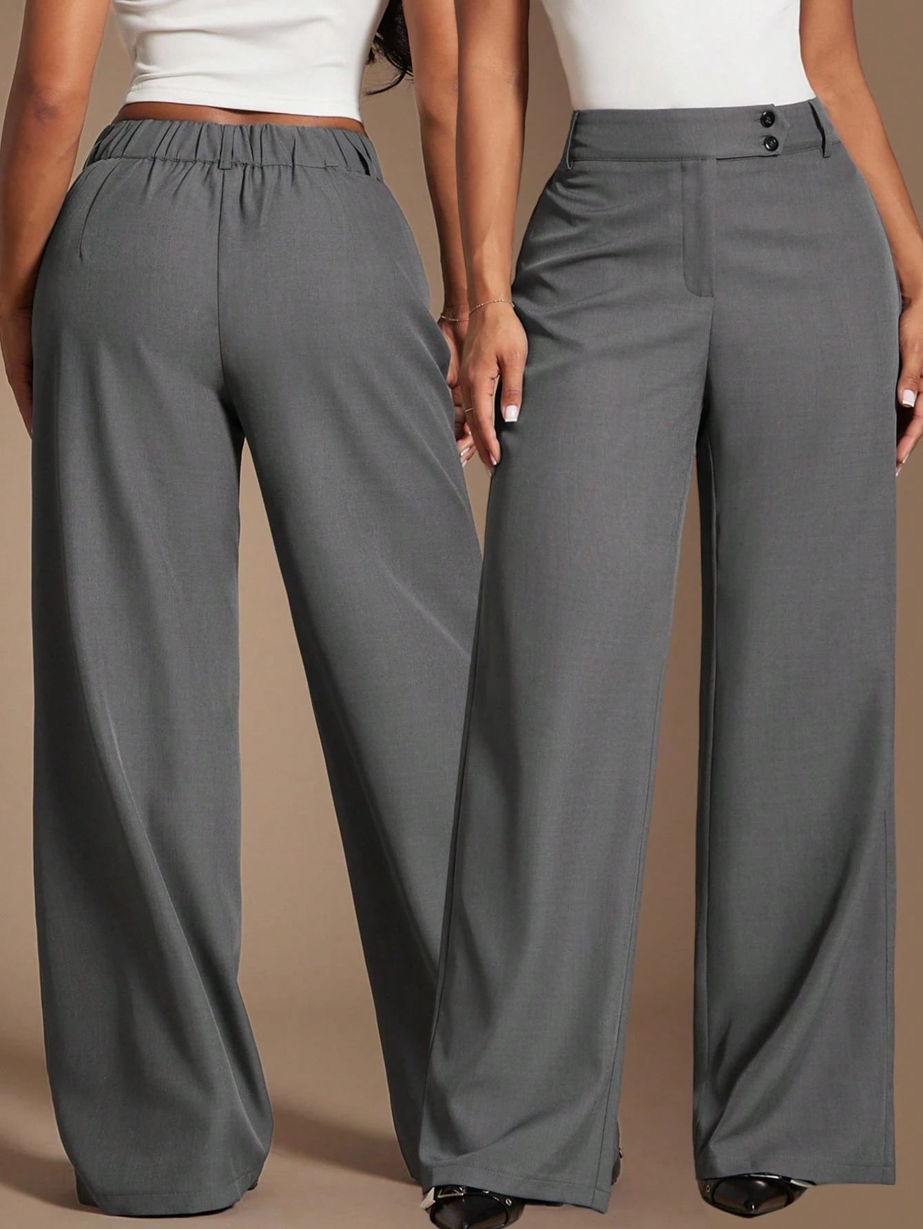 Radiana Women's Gray Woven Fabric Extra Long Straight Leg Pants For A Chic And Polished Look Office Work Summer Business Casual Elegant