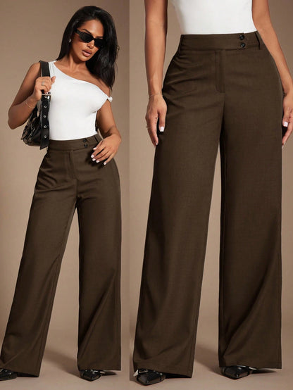 Radiana Women's Gray Woven Fabric Extra Long Straight Leg Pants For A Chic And Polished Look Office Work Summer Business Casual Elegant