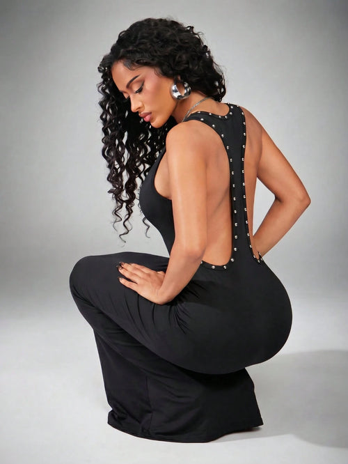 Radiana Women's Metal Hollow-Out Backless Maxi Dress, Black Bodycon Summer Techno Club Night Out Party Night Rave Punk Streetwear Sexy Stretchy Knit Outfit