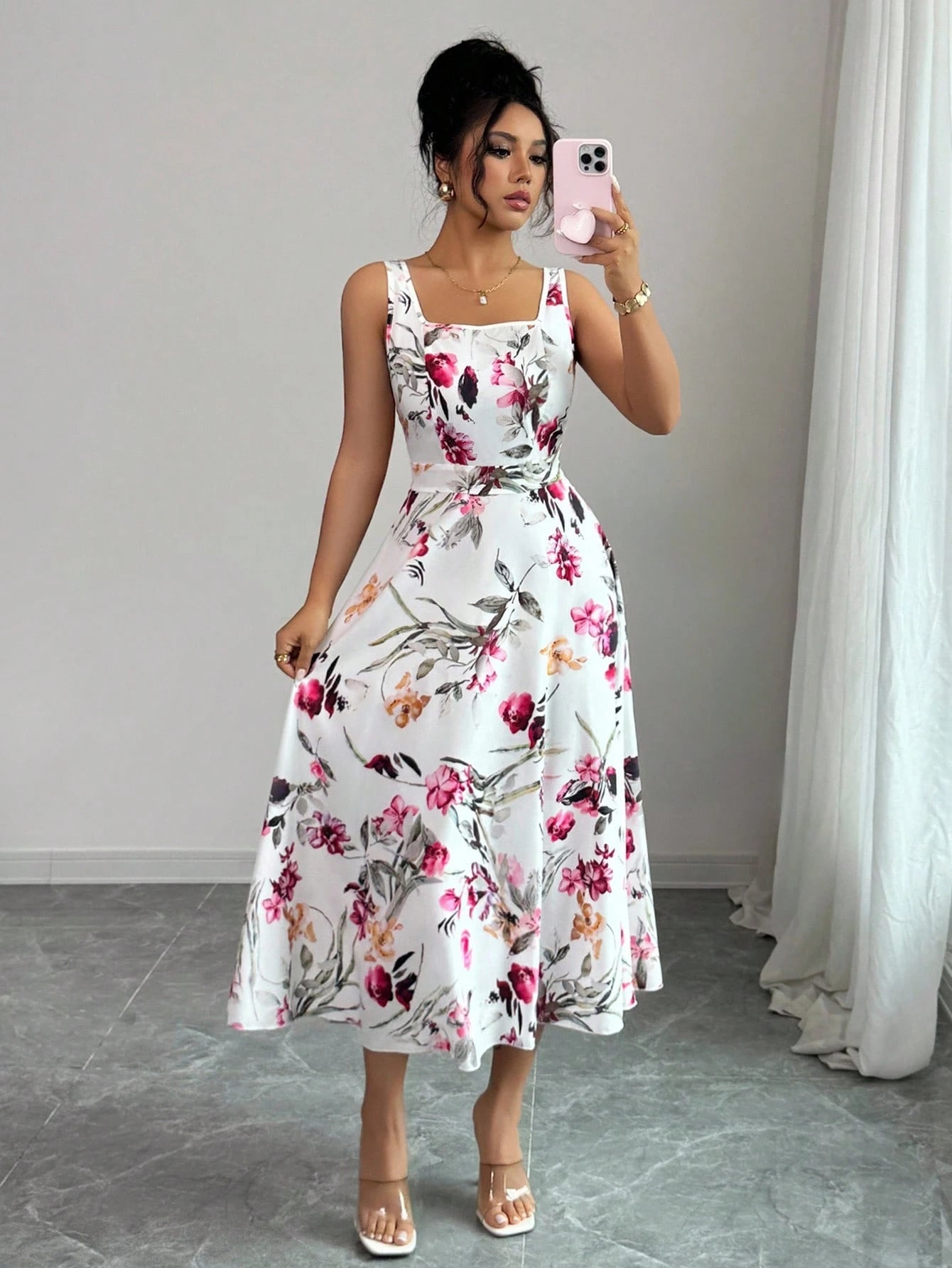 Rafferiza 1pc Women's Fashion Elegant Printed Waist-Cinched Dress