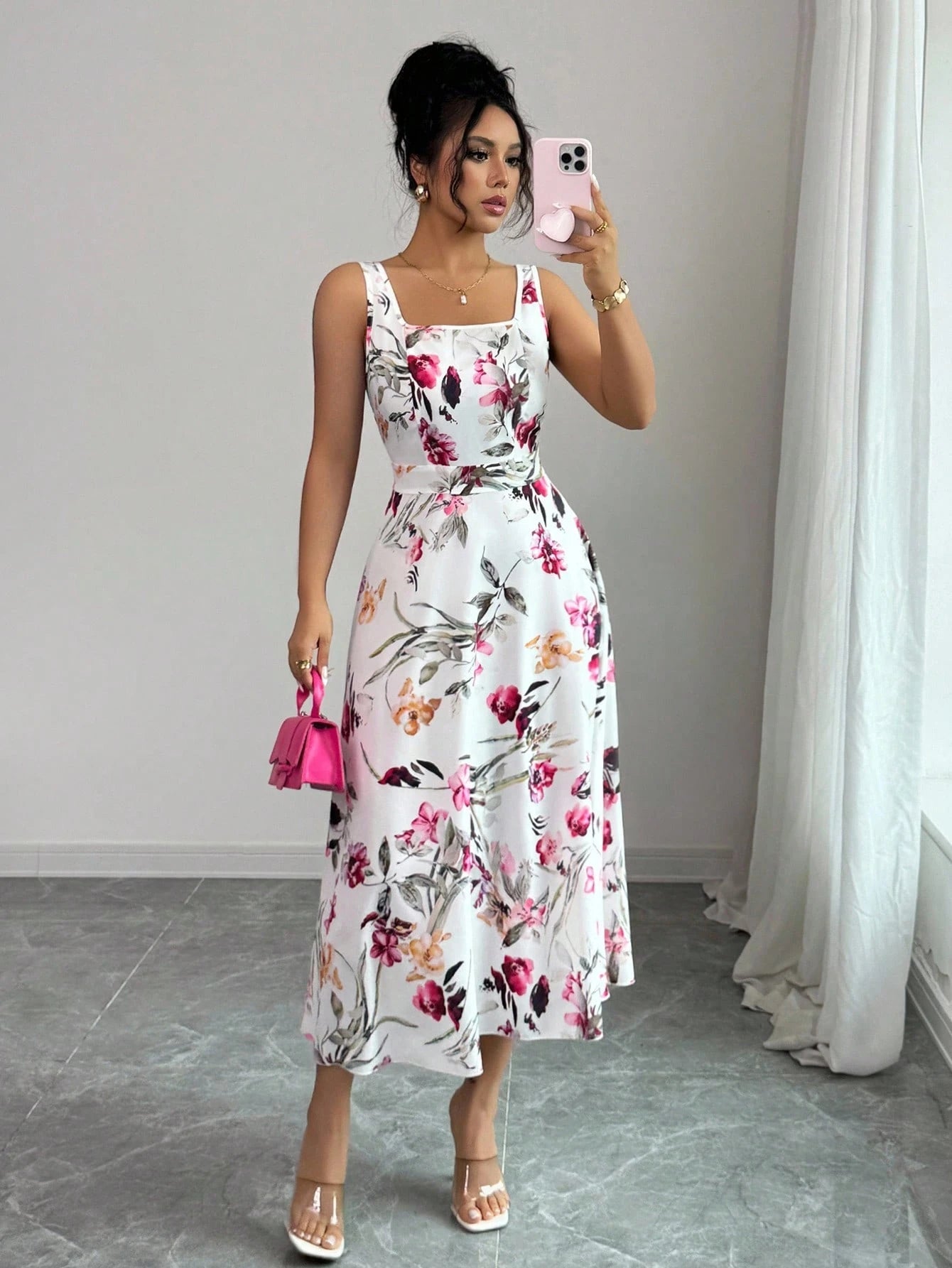 Rafferiza 1pc Women's Fashion Elegant Printed Waist-Cinched Dress
