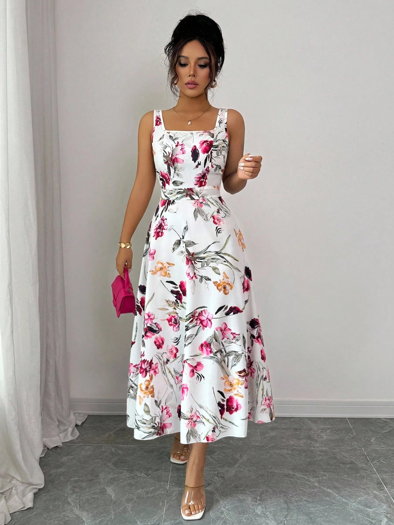 Rafferiza 1pc Women's Fashion Elegant Printed Waist-Cinched Dress