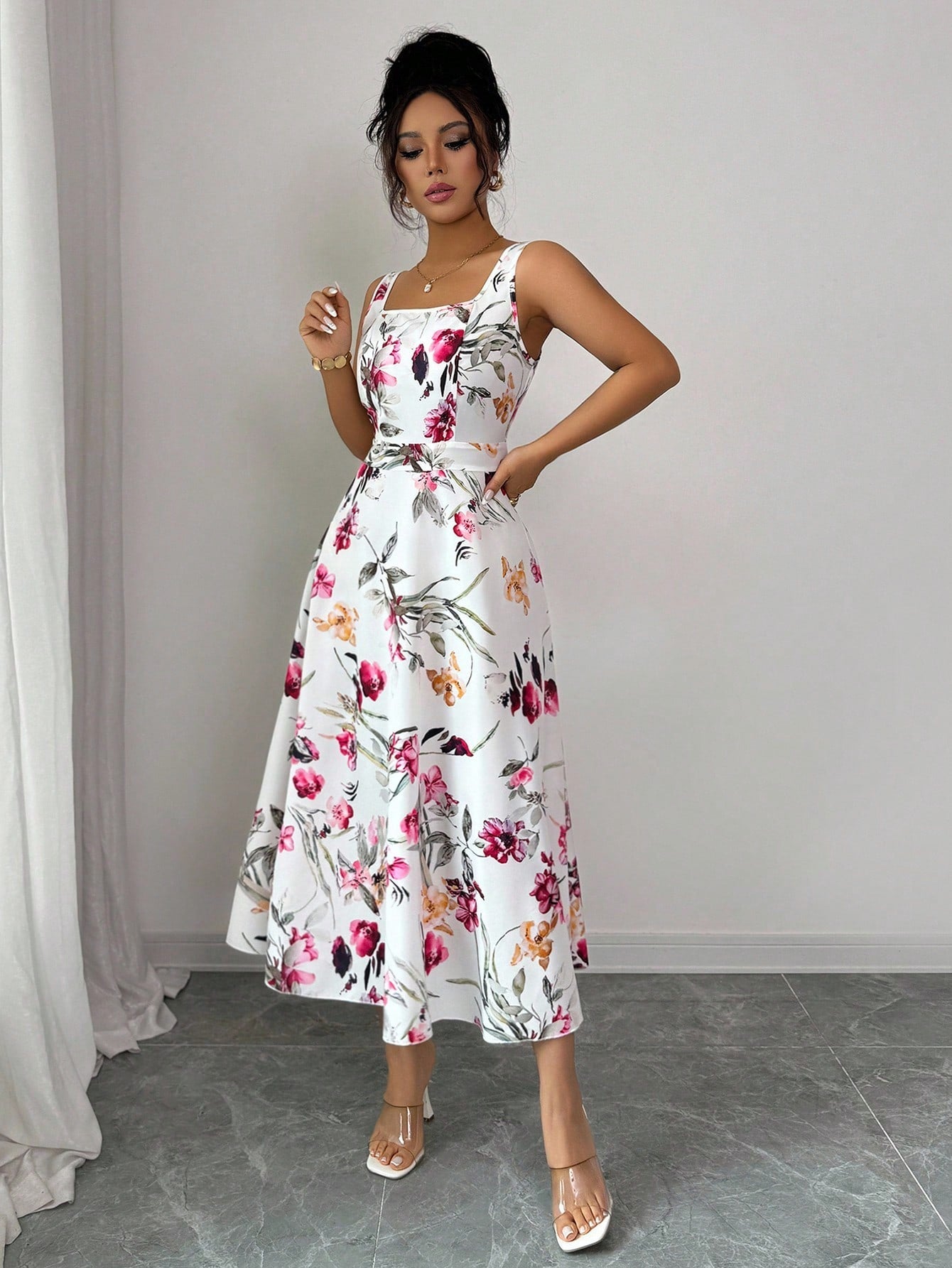 Rafferiza 1pc Women's Fashion Elegant Printed Waist-Cinched Dress