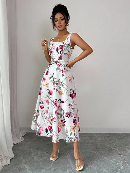Rafferiza 1pc Women's Fashion Elegant Printed Waist-Cinched Dress