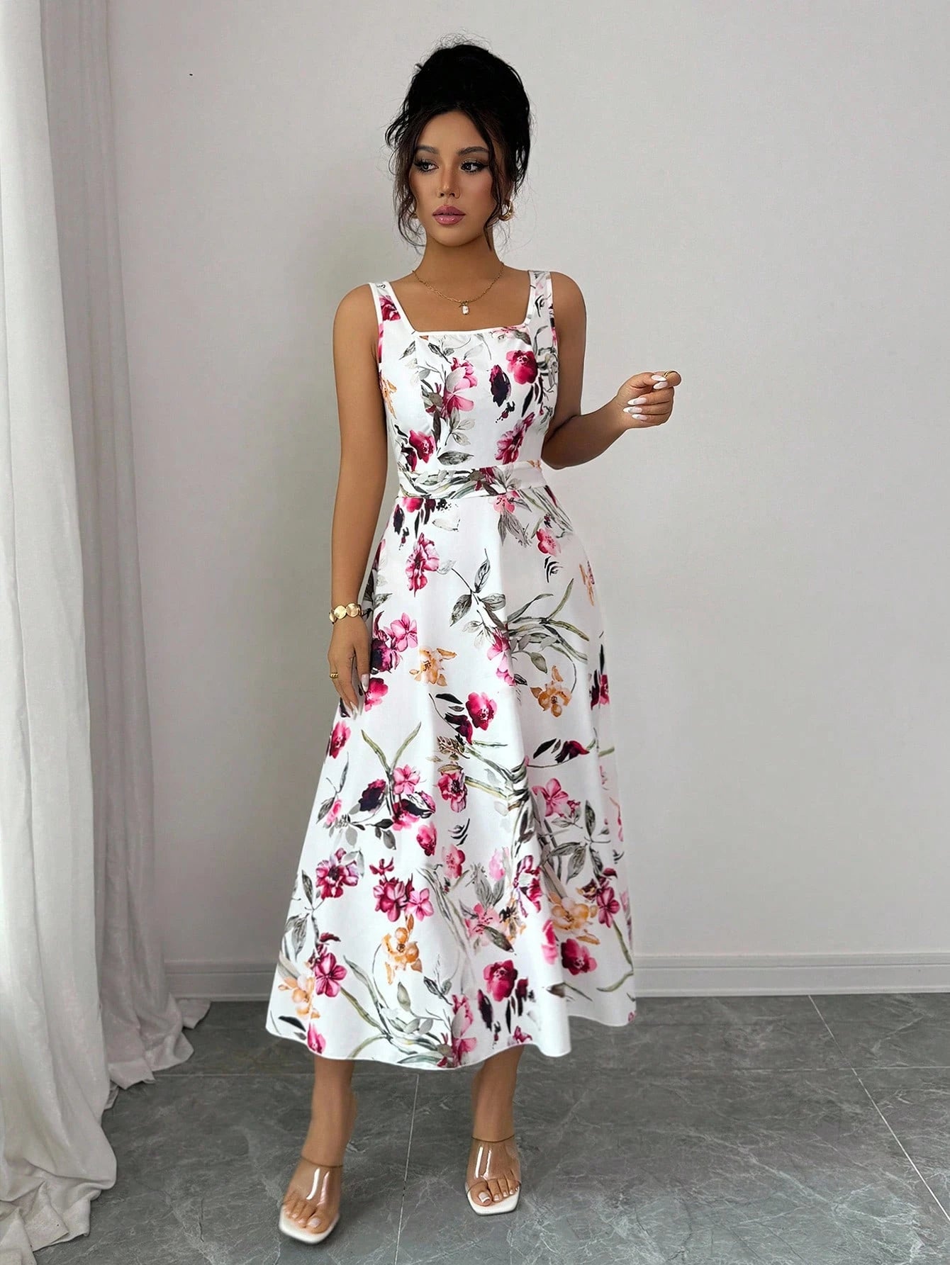 Rafferiza 1pc Women's Fashion Elegant Printed Waist-Cinched Dress