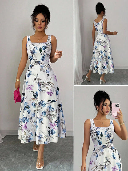 Rafferiza 1pc Women's Fashion Elegant Printed Waist-Cinched Dress