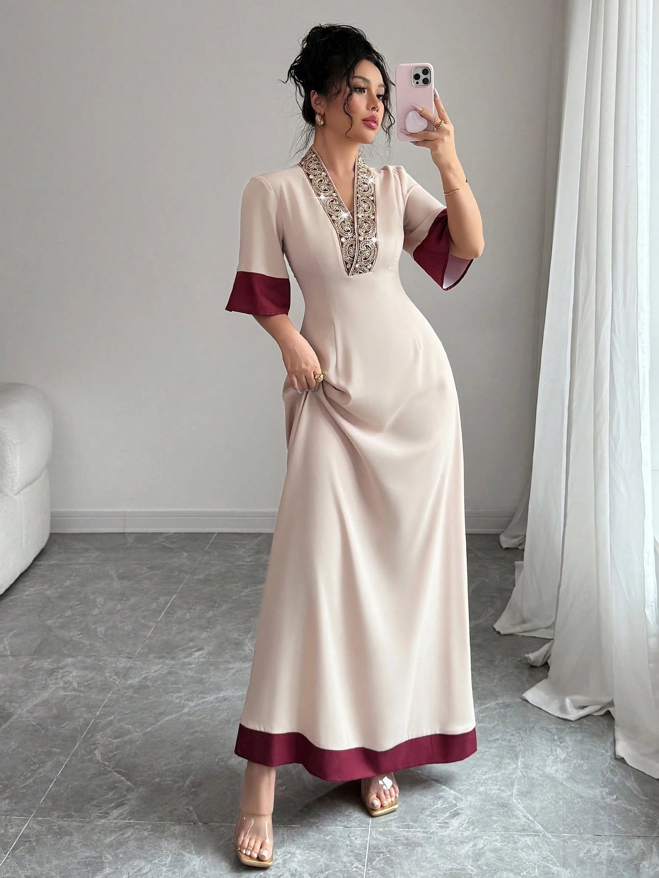 Rafferiza Elegant Floral Embroidered Waist Pleated Skirt, A-Line Silhouette With Waist Definition, V-Neck, Color Blocking Panel Design Summer Dress
