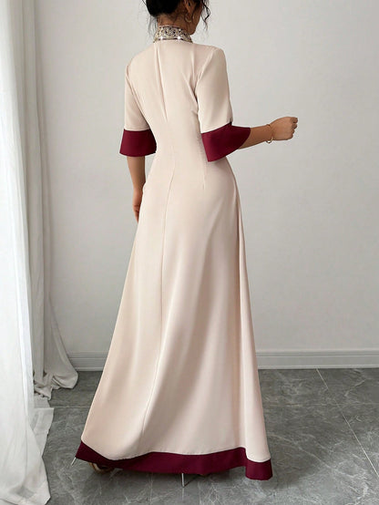 Rafferiza Elegant Floral Embroidered Waist Pleated Skirt, A-Line Silhouette With Waist Definition, V-Neck, Color Blocking Panel Design Summer Dress
