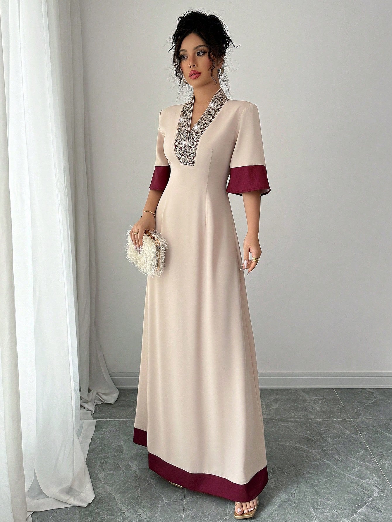 Rafferiza Elegant Floral Embroidered Waist Pleated Skirt, A-Line Silhouette With Waist Definition, V-Neck, Color Blocking Panel Design Summer Dress