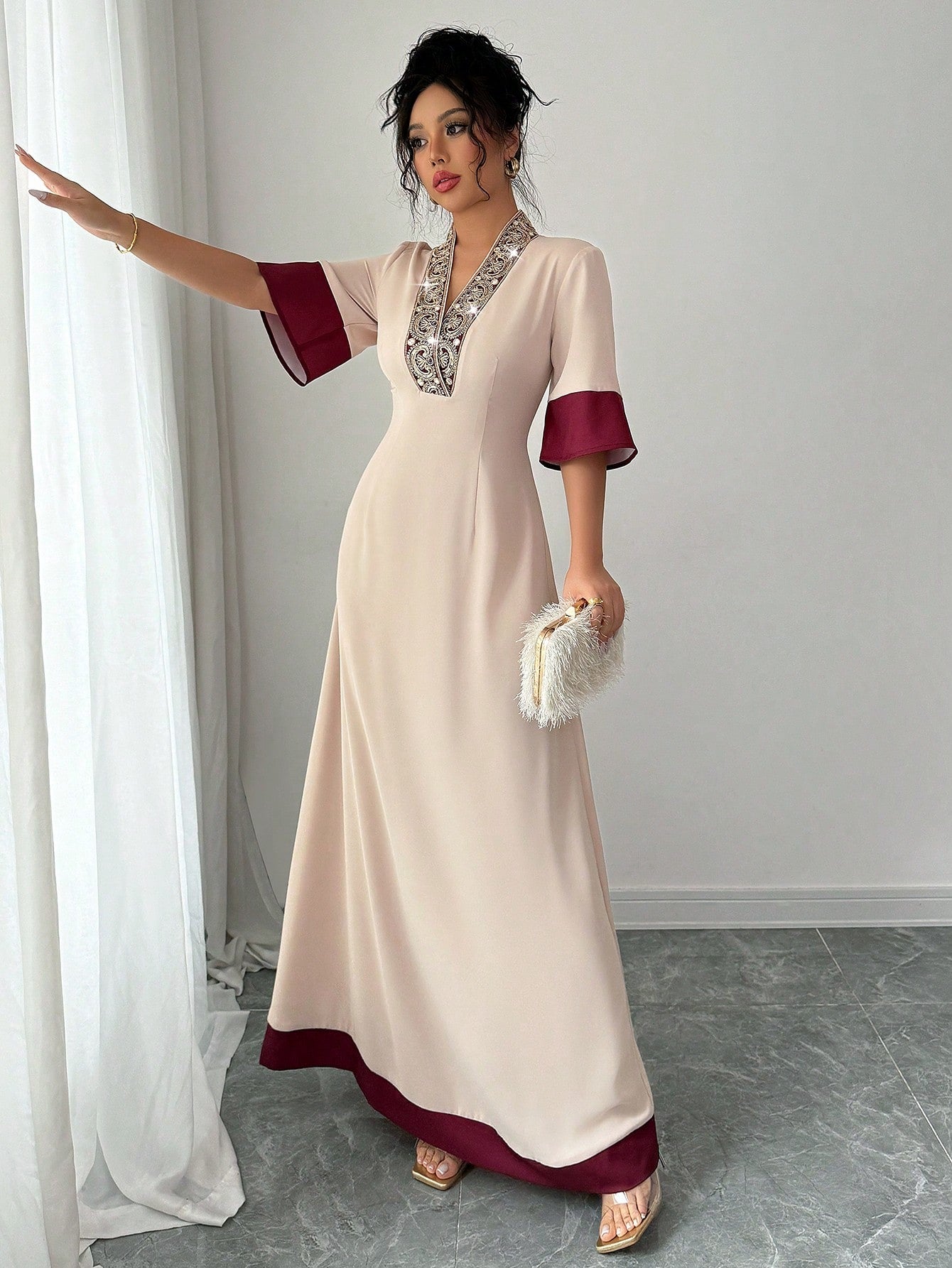 Rafferiza Elegant Floral Embroidered Waist Pleated Skirt, A-Line Silhouette With Waist Definition, V-Neck, Color Blocking Panel Design Summer Dress
