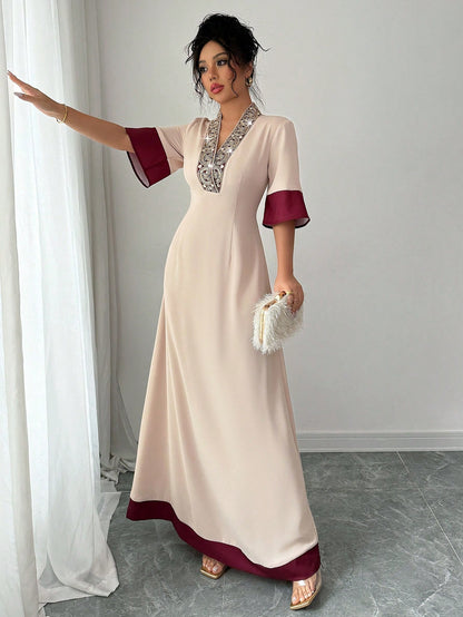 Rafferiza Elegant Floral Embroidered Waist Pleated Skirt, A-Line Silhouette With Waist Definition, V-Neck, Color Blocking Panel Design Summer Dress