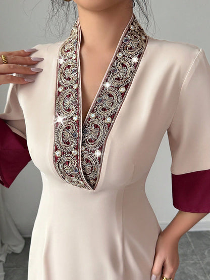 Rafferiza Elegant Floral Embroidered Waist Pleated Skirt, A-Line Silhouette With Waist Definition, V-Neck, Color Blocking Panel Design Summer Dress