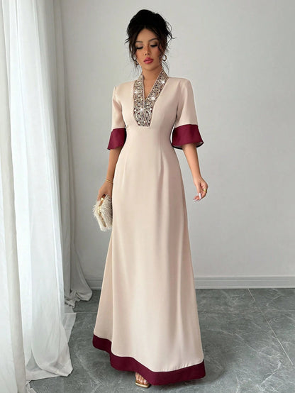 Rafferiza Elegant Floral Embroidered Waist Pleated Skirt, A-Line Silhouette With Waist Definition, V-Neck, Color Blocking Panel Design Summer Dress