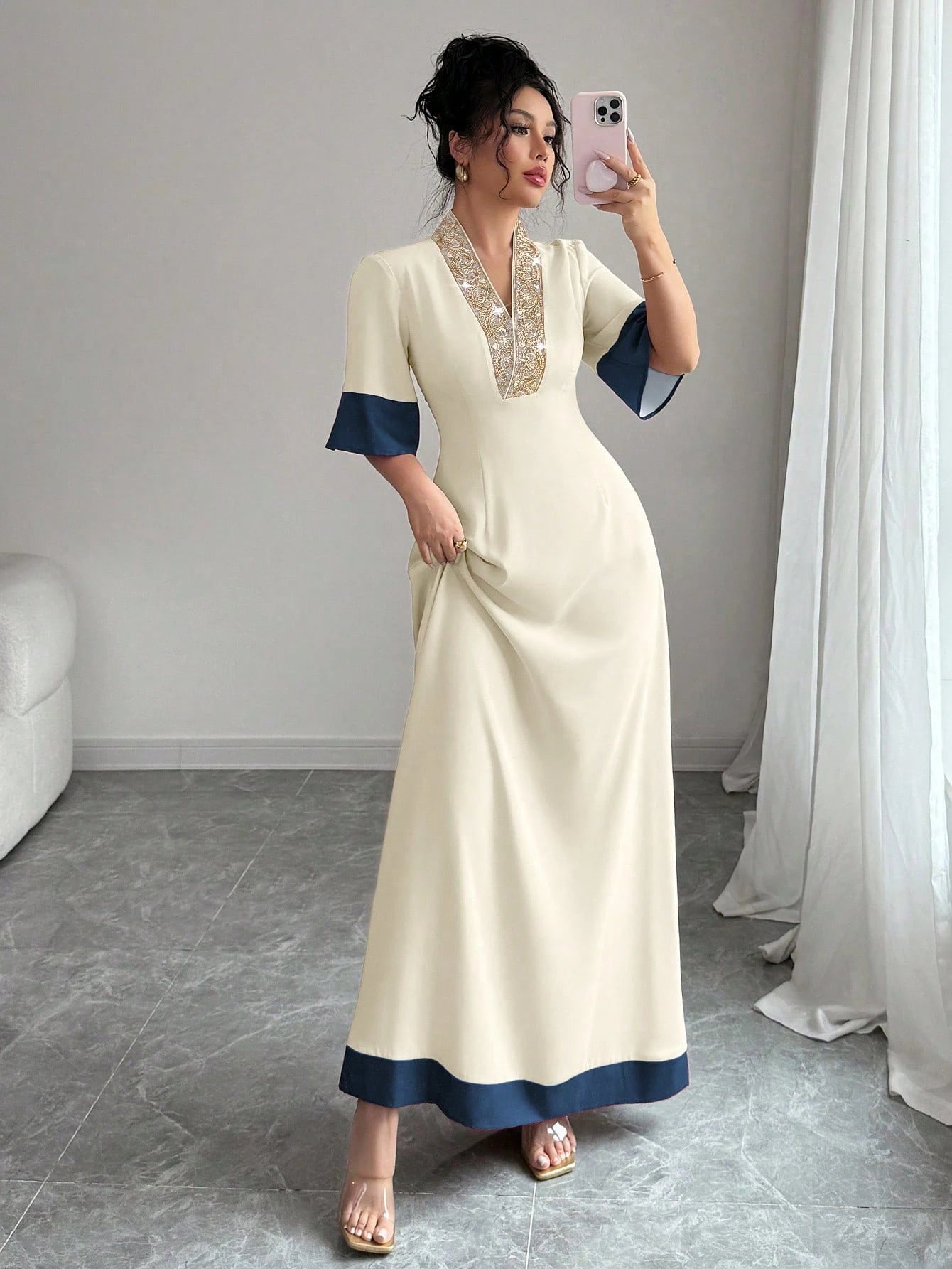 Rafferiza Elegant Floral Embroidered Waist Pleated Skirt, A-Line Silhouette With Waist Definition, V-Neck, Color Blocking Panel Design Summer Dress