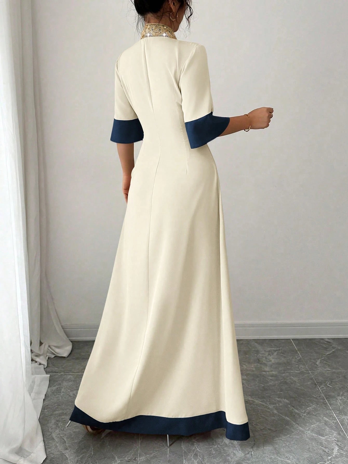 Rafferiza Elegant Floral Embroidered Waist Pleated Skirt, A-Line Silhouette With Waist Definition, V-Neck, Color Blocking Panel Design Summer Dress
