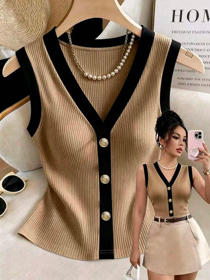 Rafferiza Women's Elegant Elastic Ribbed Khaki,Summer V-Neck Cinched Waist Metal Buckle Decorated Top,Everyday Casual Fashionable Contrast Trim Top