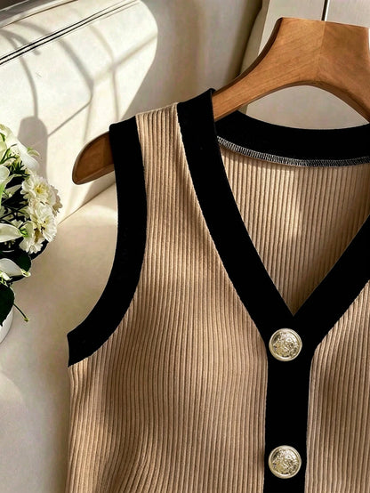 Rafferiza Women's Elegant Elastic Ribbed Khaki,Summer V-Neck Cinched Waist Metal Buckle Decorated Top,Everyday Casual Fashionable Contrast Trim Top
