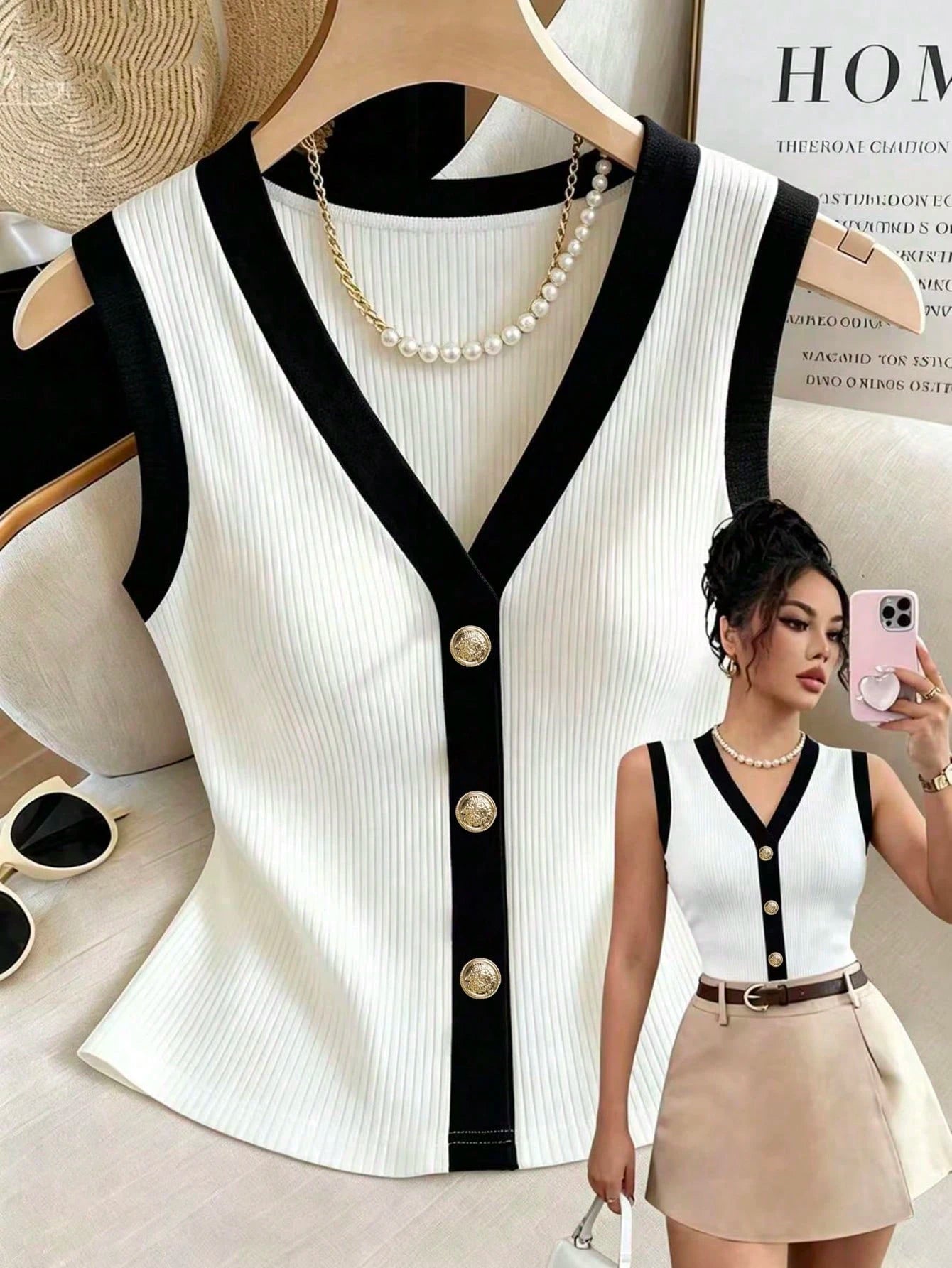 Rafferiza Women's Elegant Elastic Ribbed Khaki,Summer V-Neck Cinched Waist Metal Buckle Decorated Top,Everyday Casual Fashionable Contrast Trim Top
