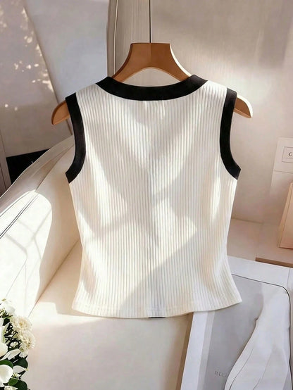 Rafferiza Women's Elegant Elastic Ribbed Khaki,Summer V-Neck Cinched Waist Metal Buckle Decorated Top,Everyday Casual Fashionable Contrast Trim Top