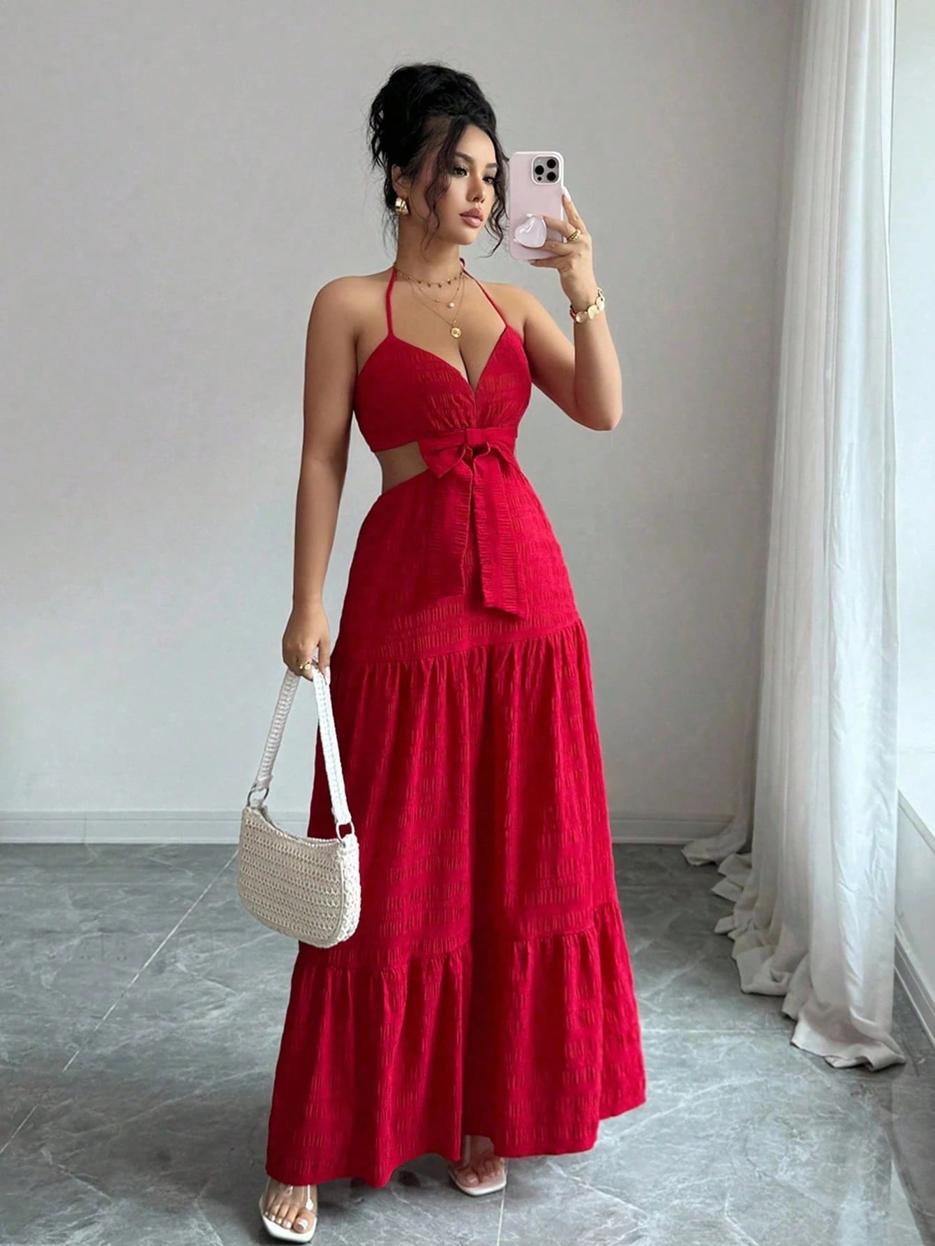 Rafferiza Women's Elegant Hollow Out Bowknot Long Dress