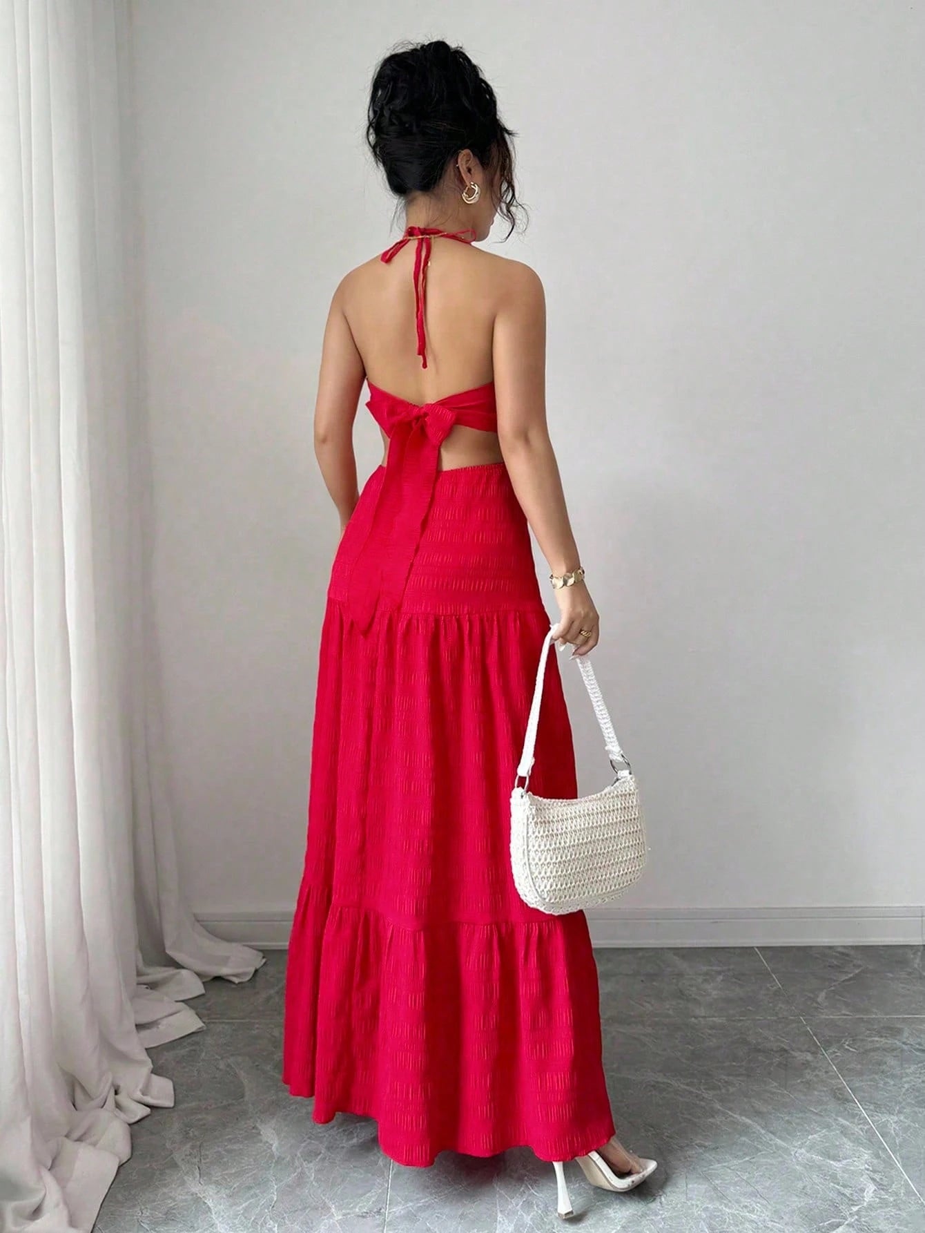 Rafferiza Women's Elegant Hollow Out Bowknot Long Dress