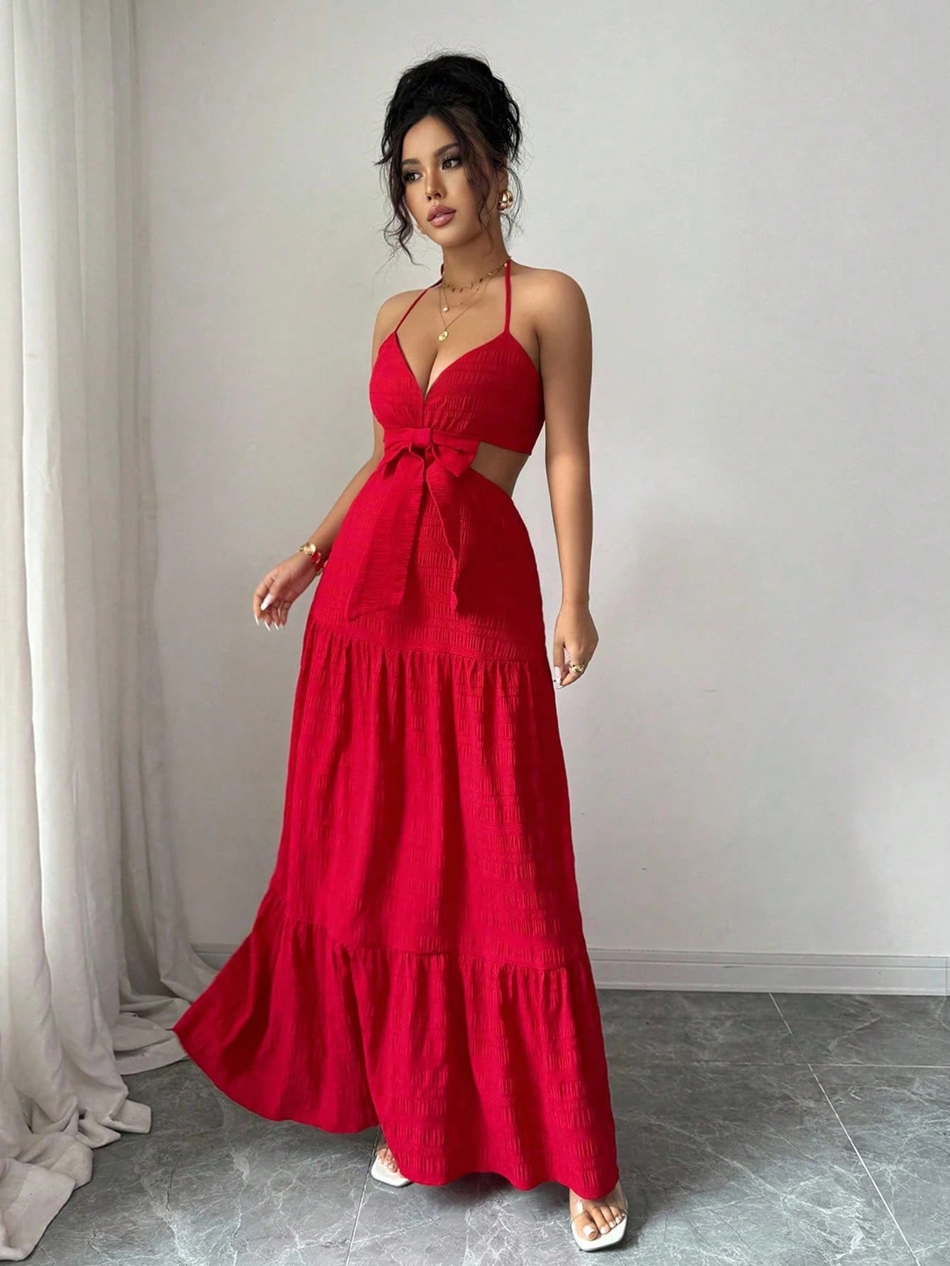 Rafferiza Women's Elegant Hollow Out Bowknot Long Dress