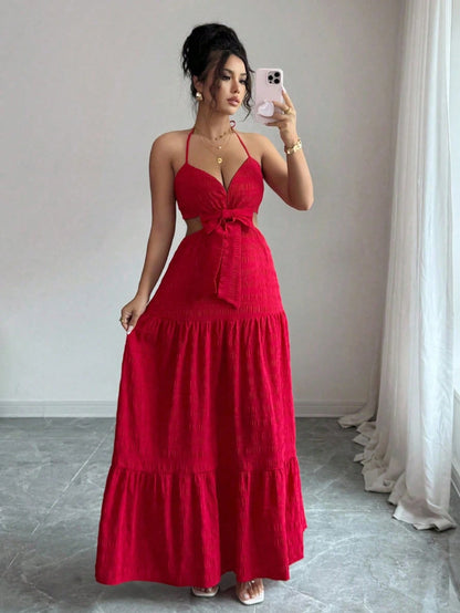 Rafferiza Women's Elegant Hollow Out Bowknot Long Dress