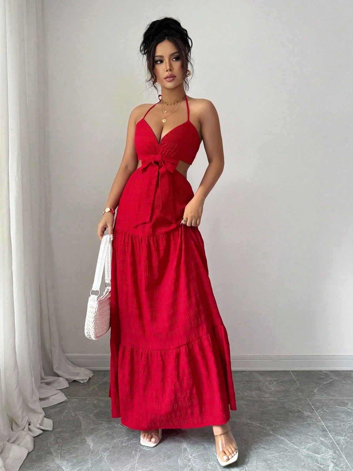 Rafferiza Women's Elegant Hollow Out Bowknot Long Dress