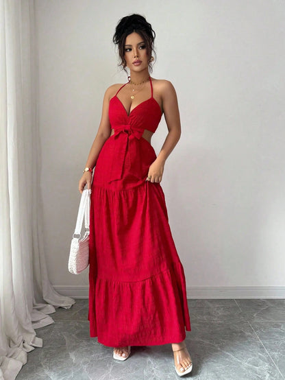 Rafferiza Women's Elegant Hollow Out Bowknot Long Dress