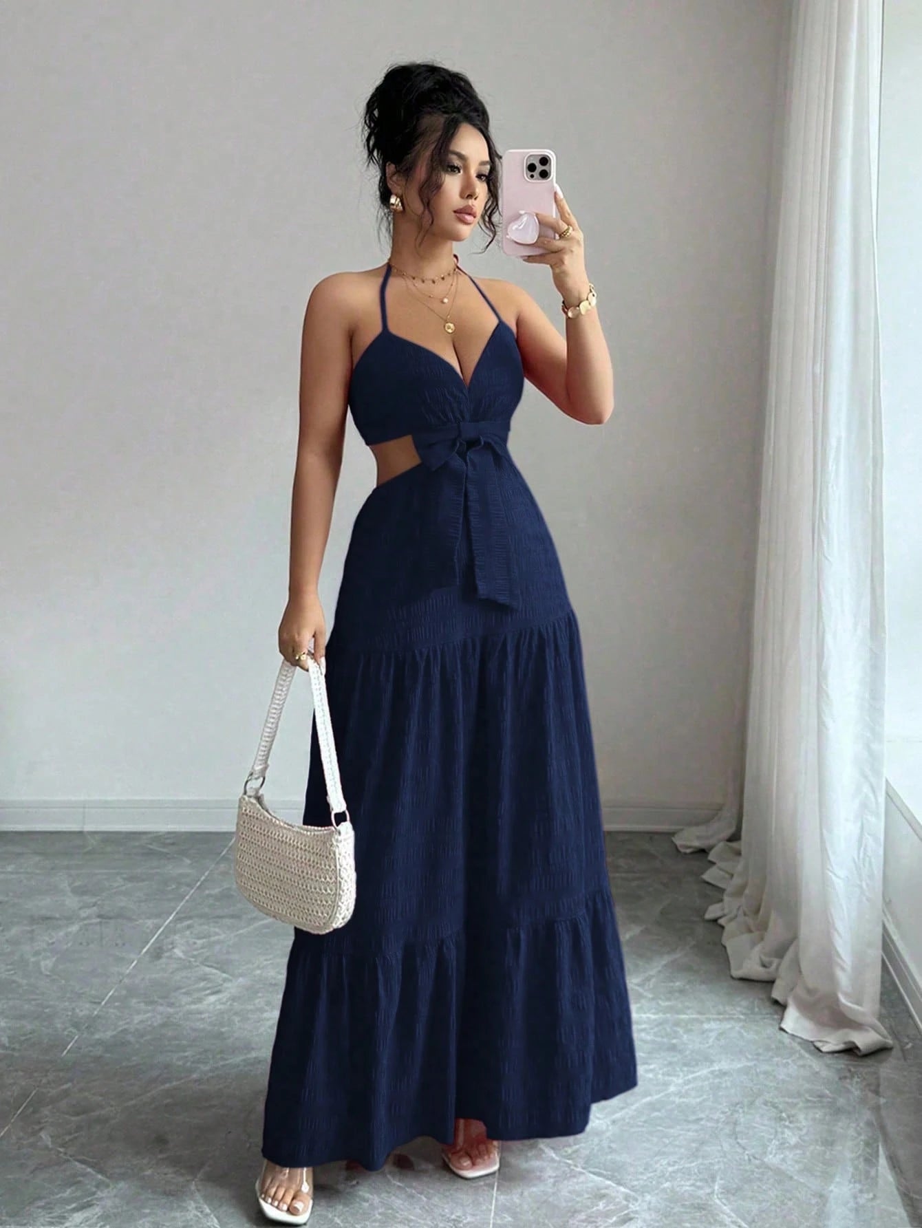 Rafferiza Women's Elegant Hollow Out Bowknot Long Dress