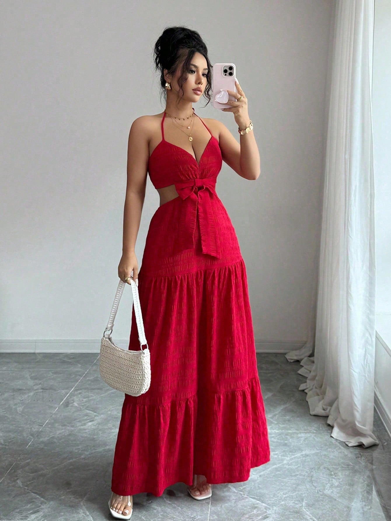 Rafferiza Women's Elegant Hollow Out Bowknot Long Dress
