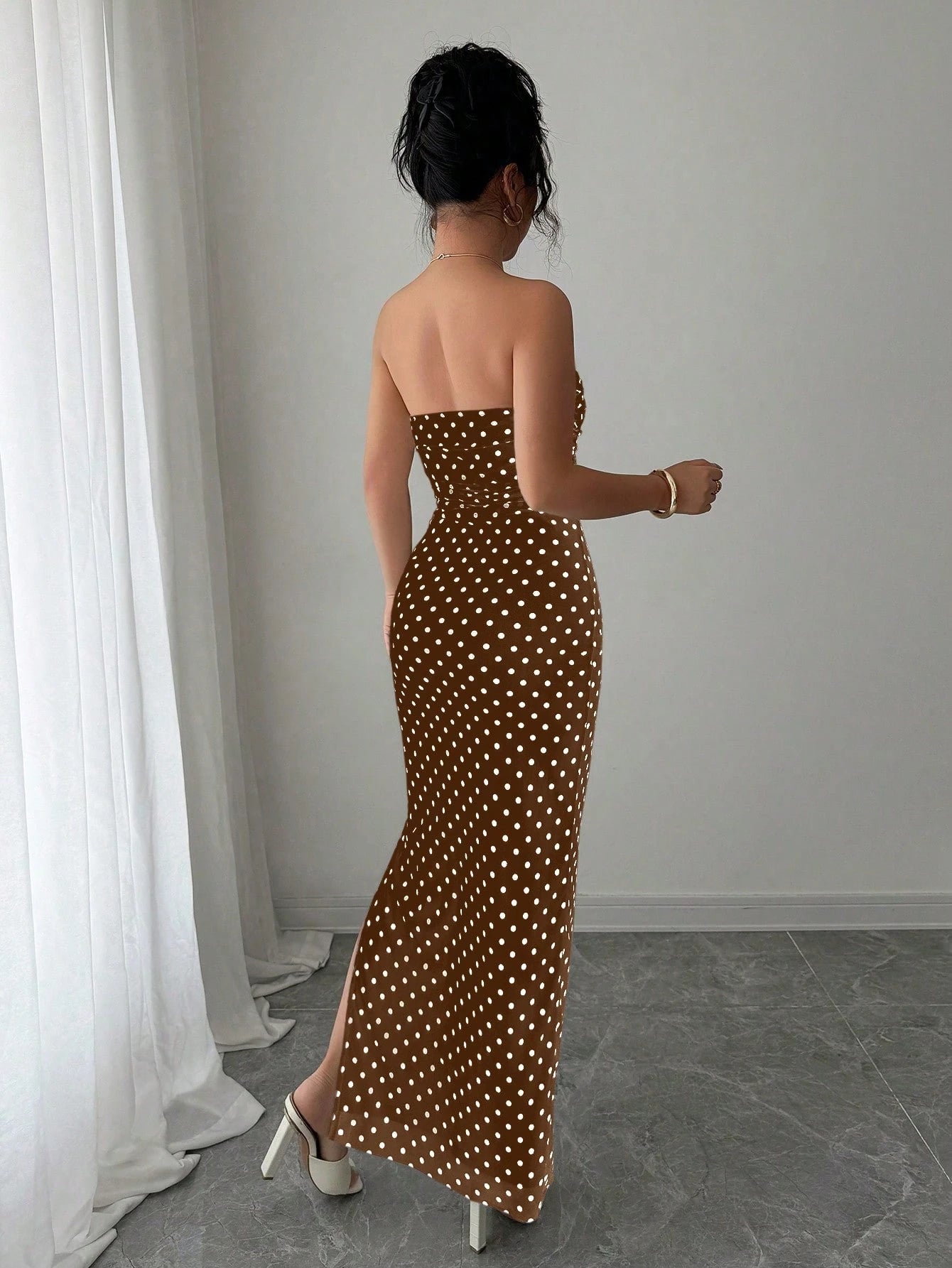 Rafferiza Women's Elegant Polka Dot Mesh Ruched Waist Strapless Mesh Dress