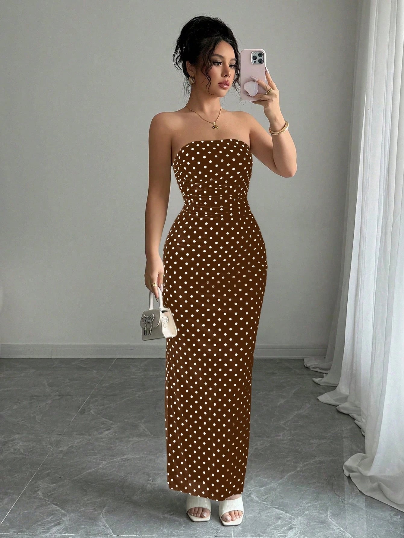 Rafferiza Women's Elegant Polka Dot Mesh Ruched Waist Strapless Mesh Dress